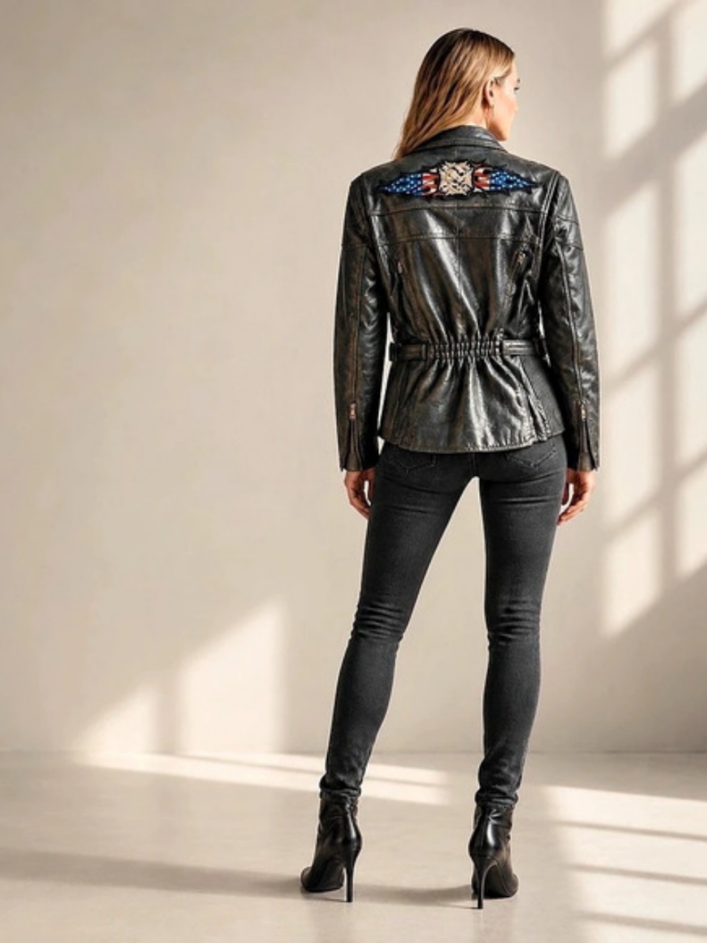 Vintage 90s Black Leather Moto Jacket Racing Biker Skull Size Medium Rocker Punk